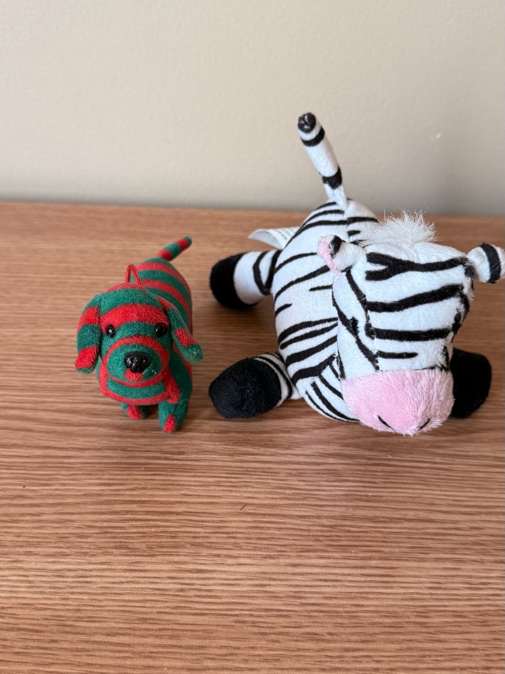 Plush Zebra and Striped Puppy Toy Set - White Zebra & Red/Green Puppy
